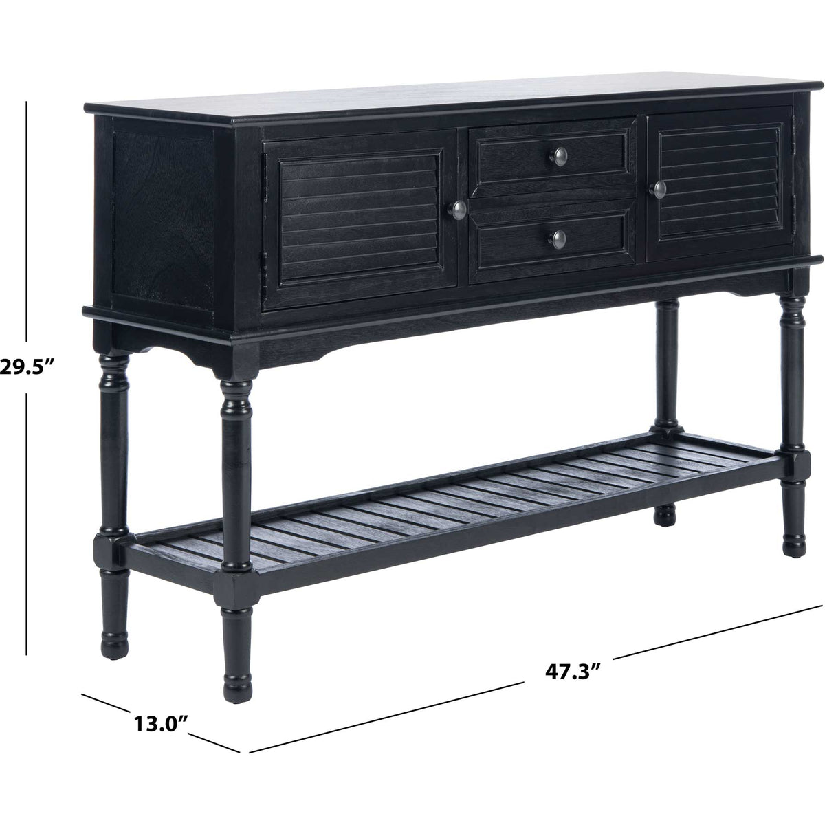 Black console table measures 47.3 inches wide, 13 inches deep, and 29.5 inches high.
