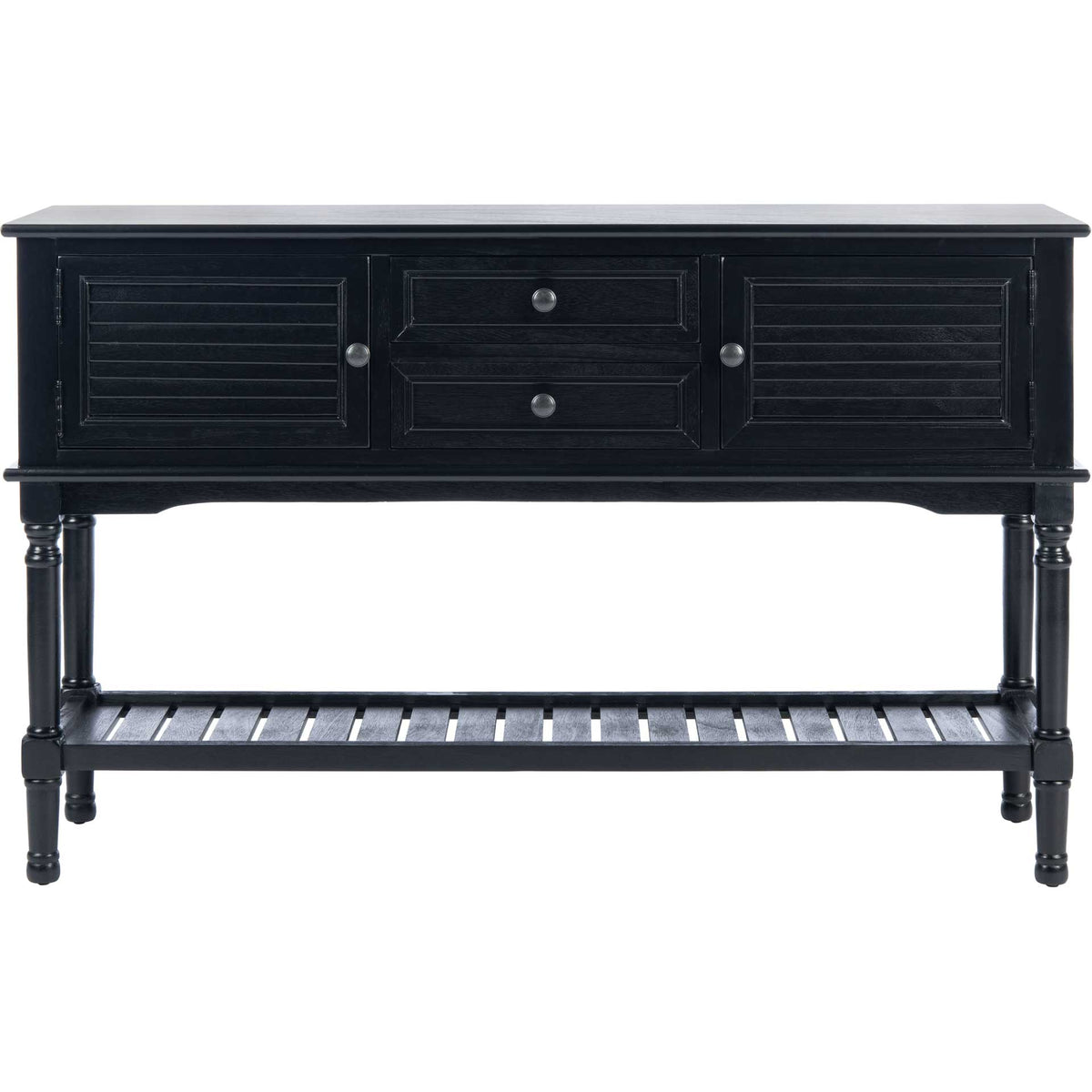 Shutter-style doors frame two drawers on a black console with carved legs. || CNS5722B || front_studio