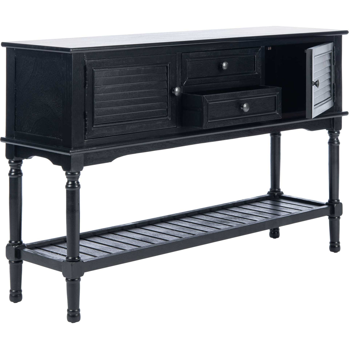 An open cabinet door and pulled-out drawer reveal hidden storage within the black console table.
