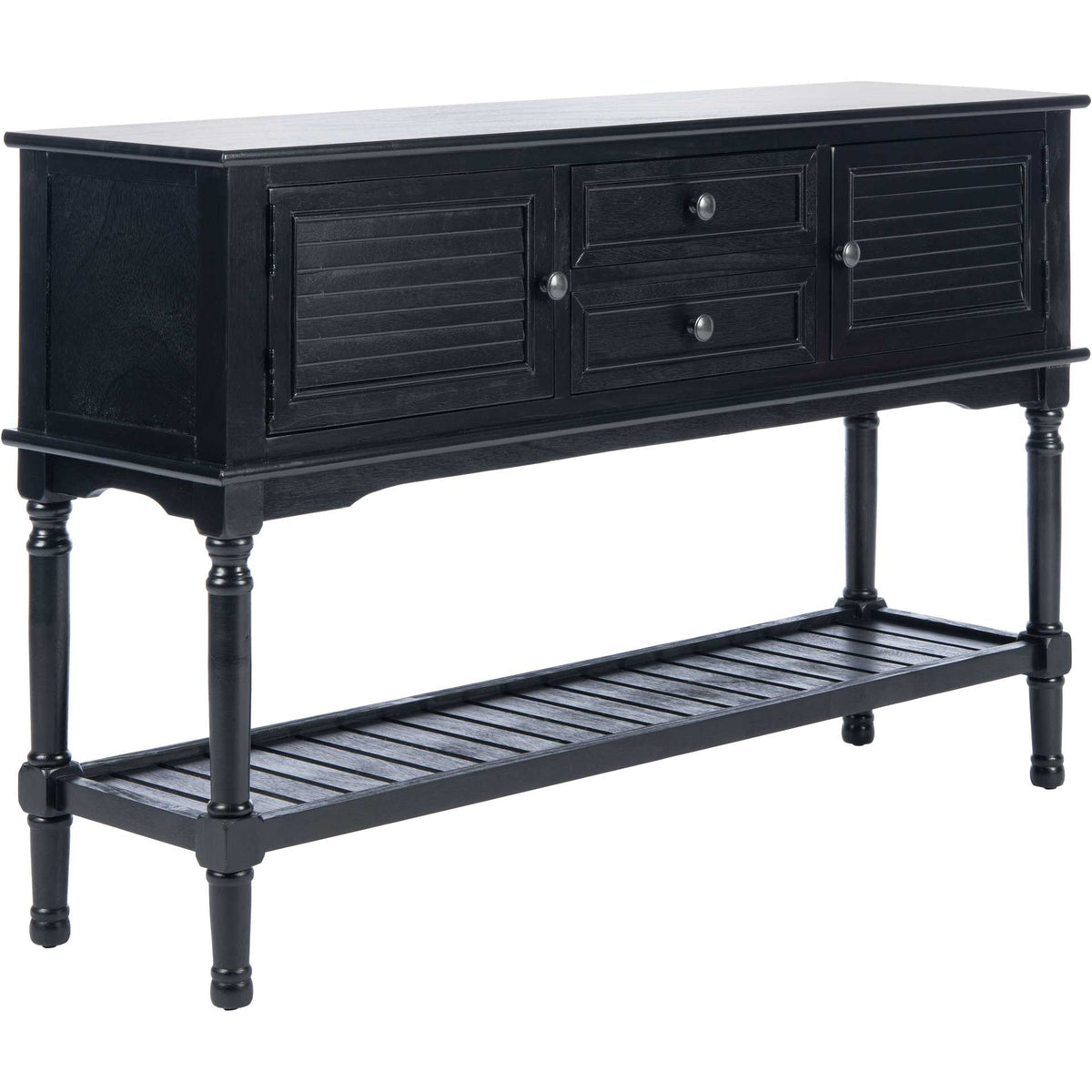 Sleek black console table pairs turned legs with slatted cabinet doors and a long lower shelf. || CNS5722B || front_angle_studio