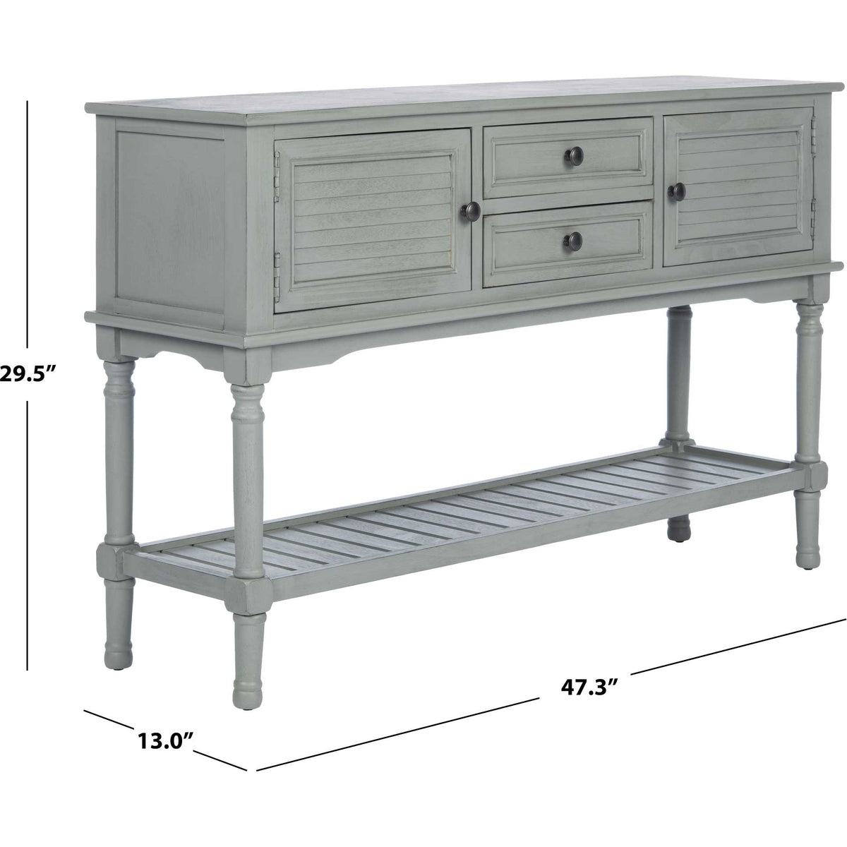 Gray console table measures 47.3 inches wide, 13 inches deep, and 29.5 inches high.