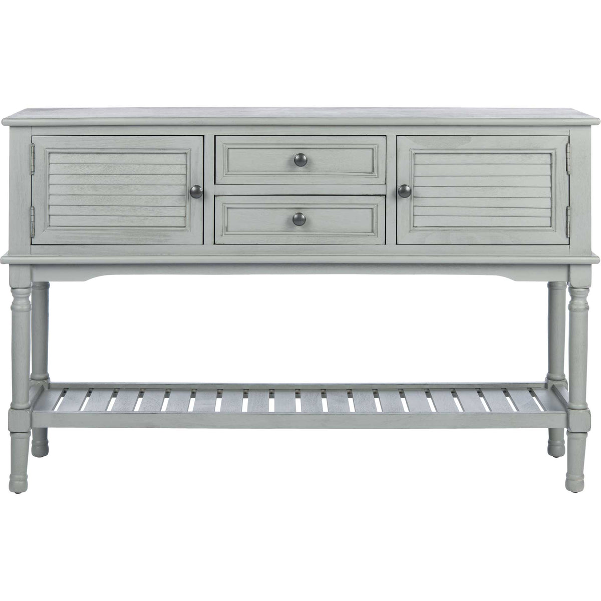 Two small drawers separate the slatted cabinet doors of this pale gray wood console. || CNS5722C || front_studio