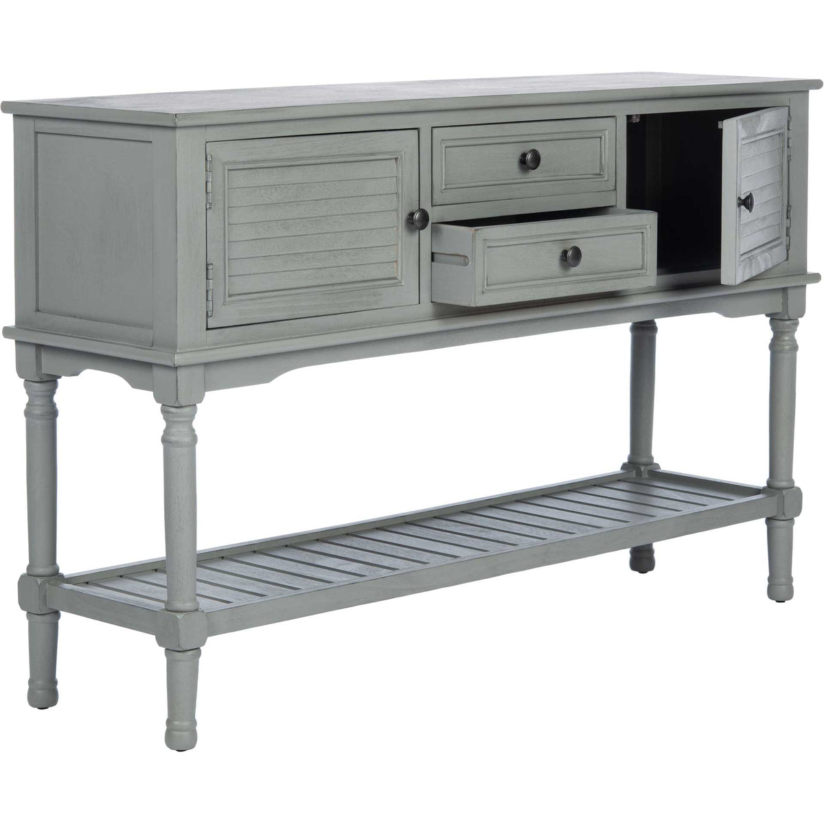 A slatted cabinet door and center drawer open to reveal concealed storage in the gray console.