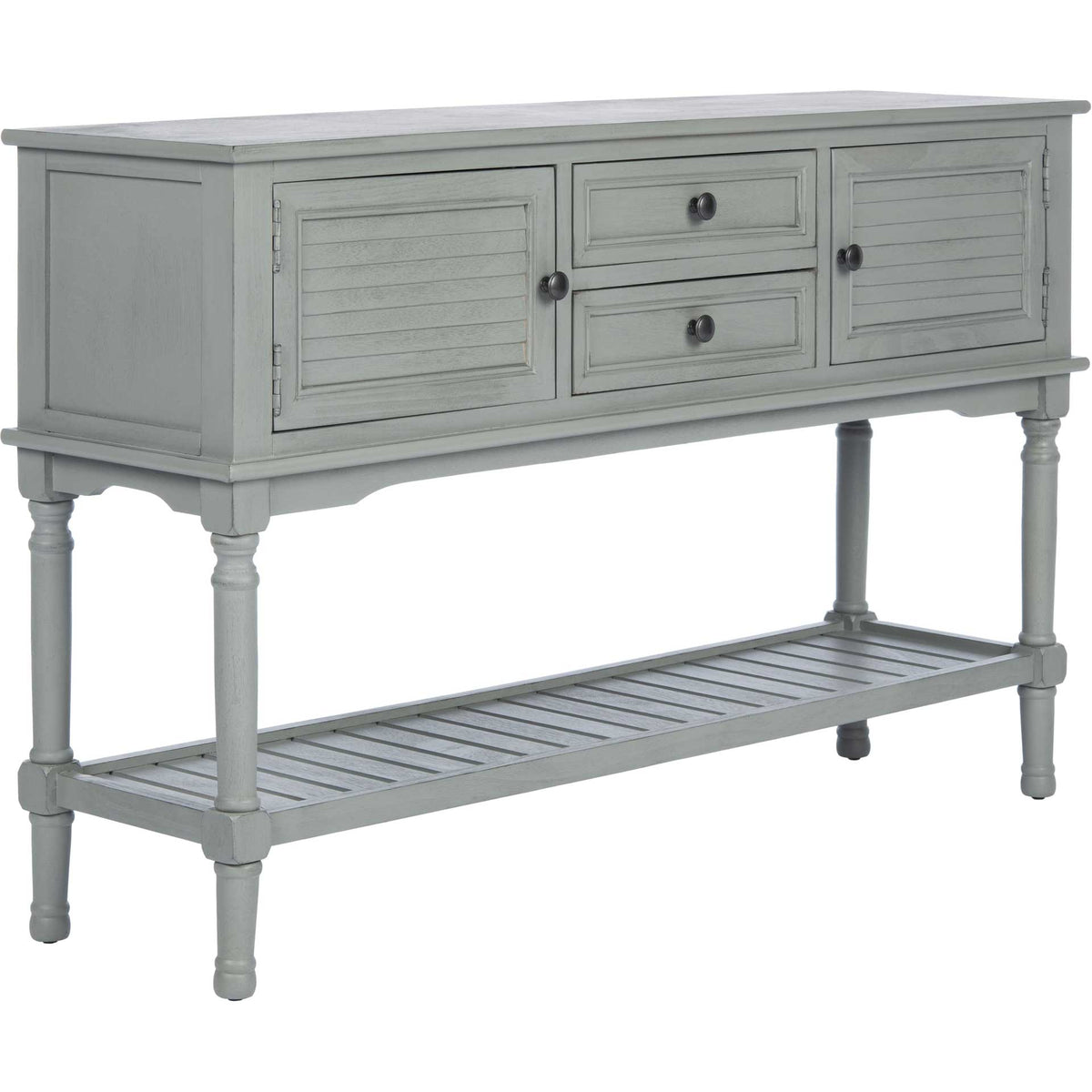 Distressed gray console table blends softly aged paint, shutter-style doors, and a slatted lower shelf. || CNS5722C || front_angle_studio