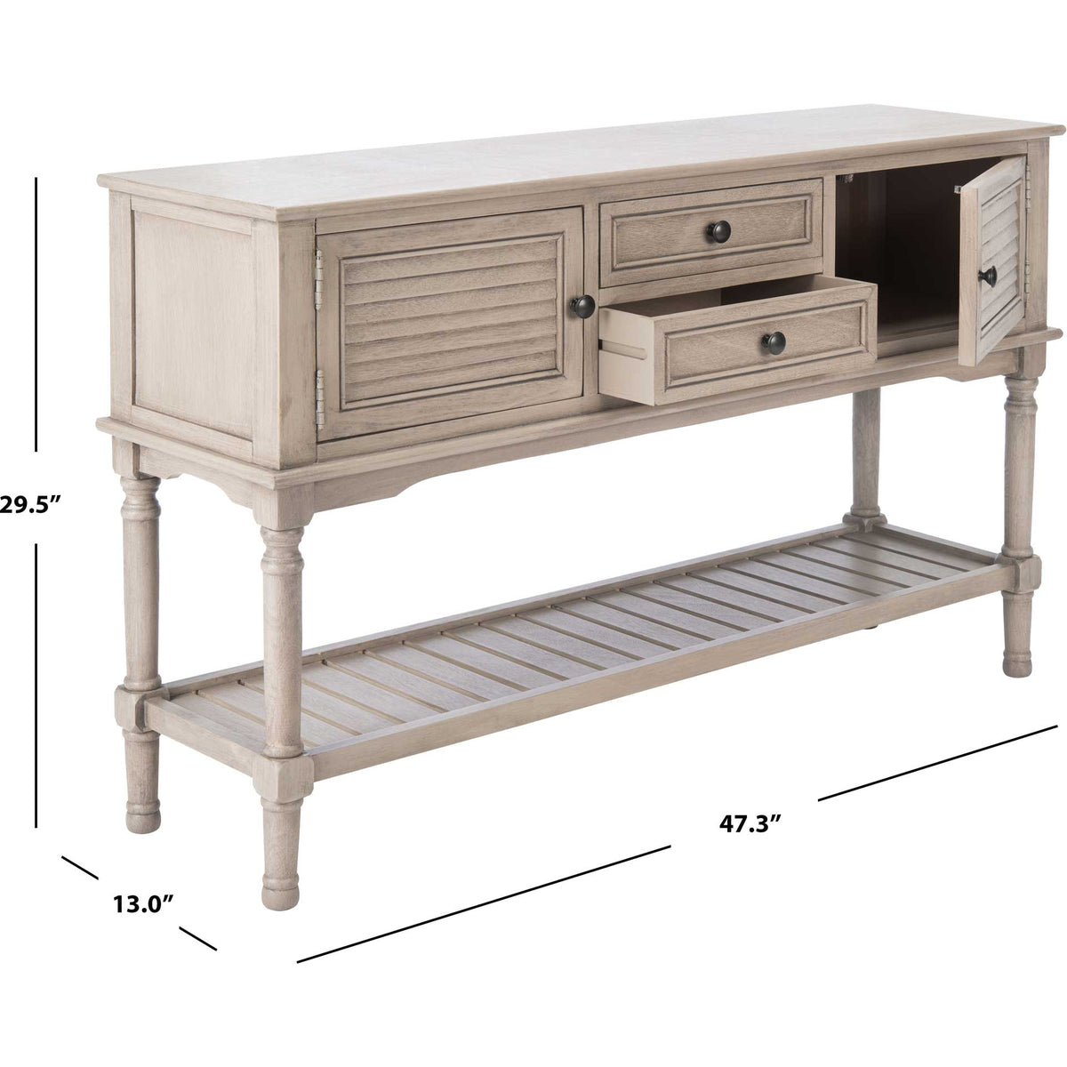Greige console table spans 47.3 inches with a 13-inch depth and 29.5-inch height.