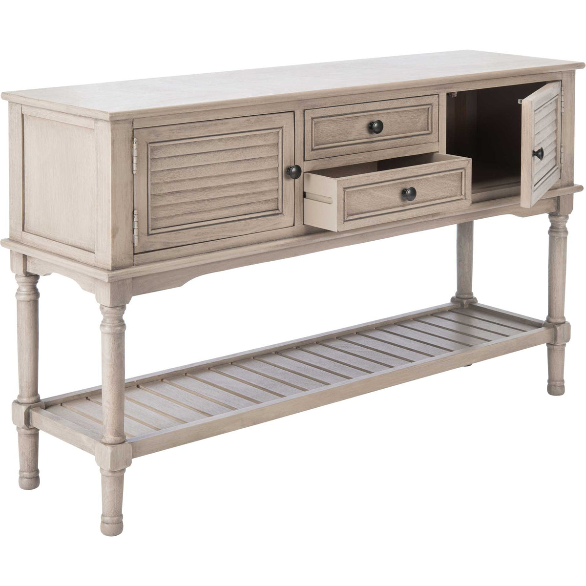 An open door and drawer display hidden storage above the greige console's slatted shelf.