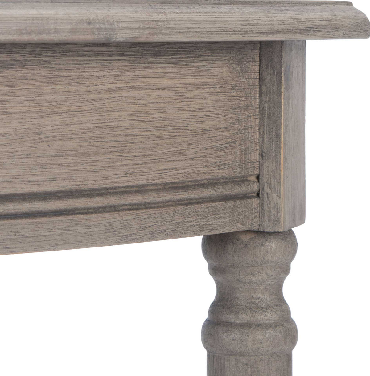 Subtle wood grain and carved apron trim soften the console's greige finish.