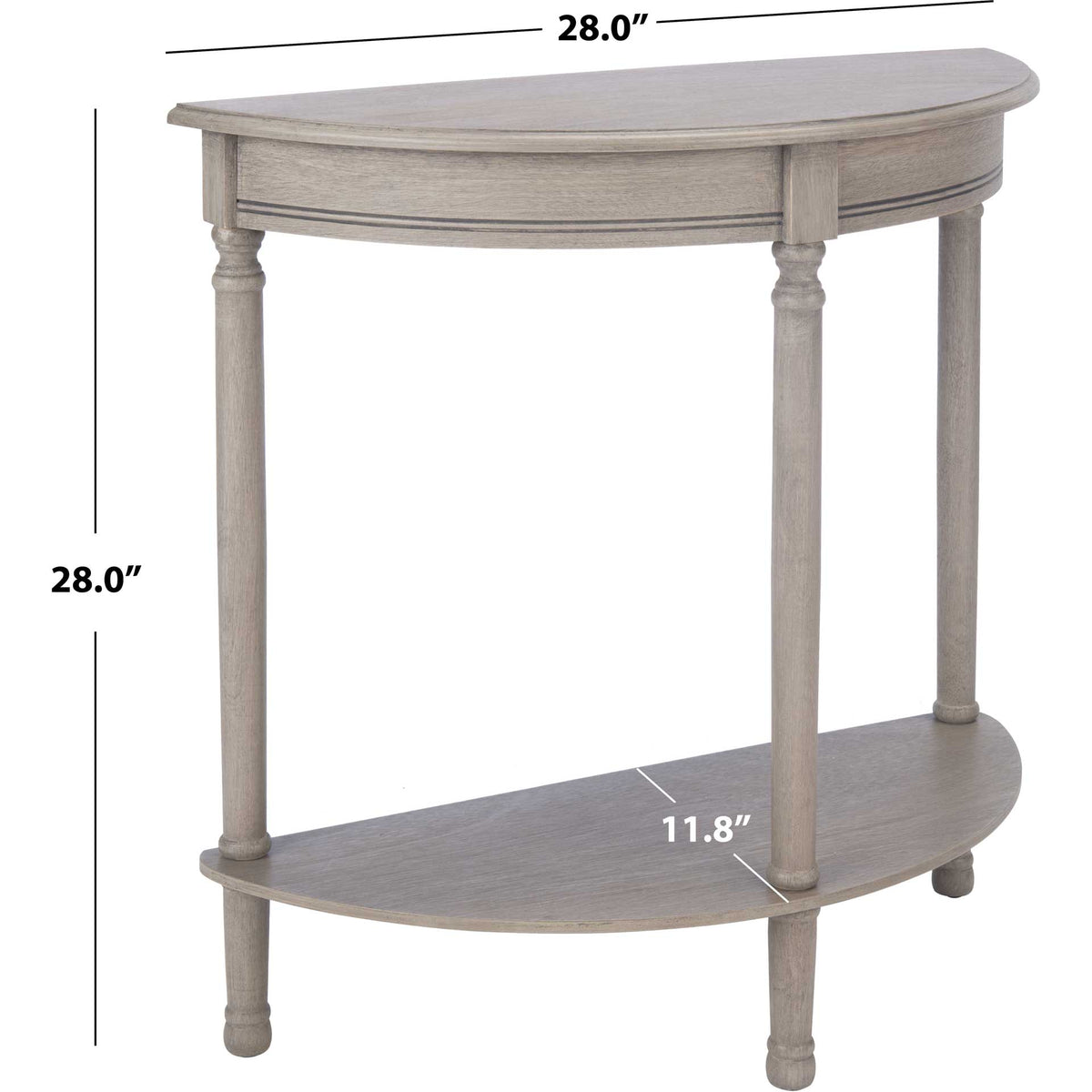 This greige half-round table measures 28 inches wide, 11.75 inches deep, and 28 inches high.