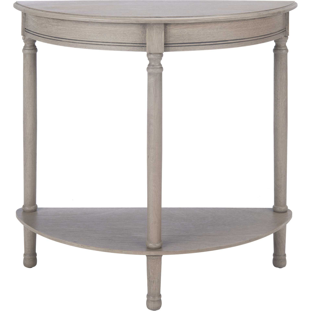 A greige demilune console combines a curved apron, turned legs, and a lower shelf. || CNS5723A || front_studio