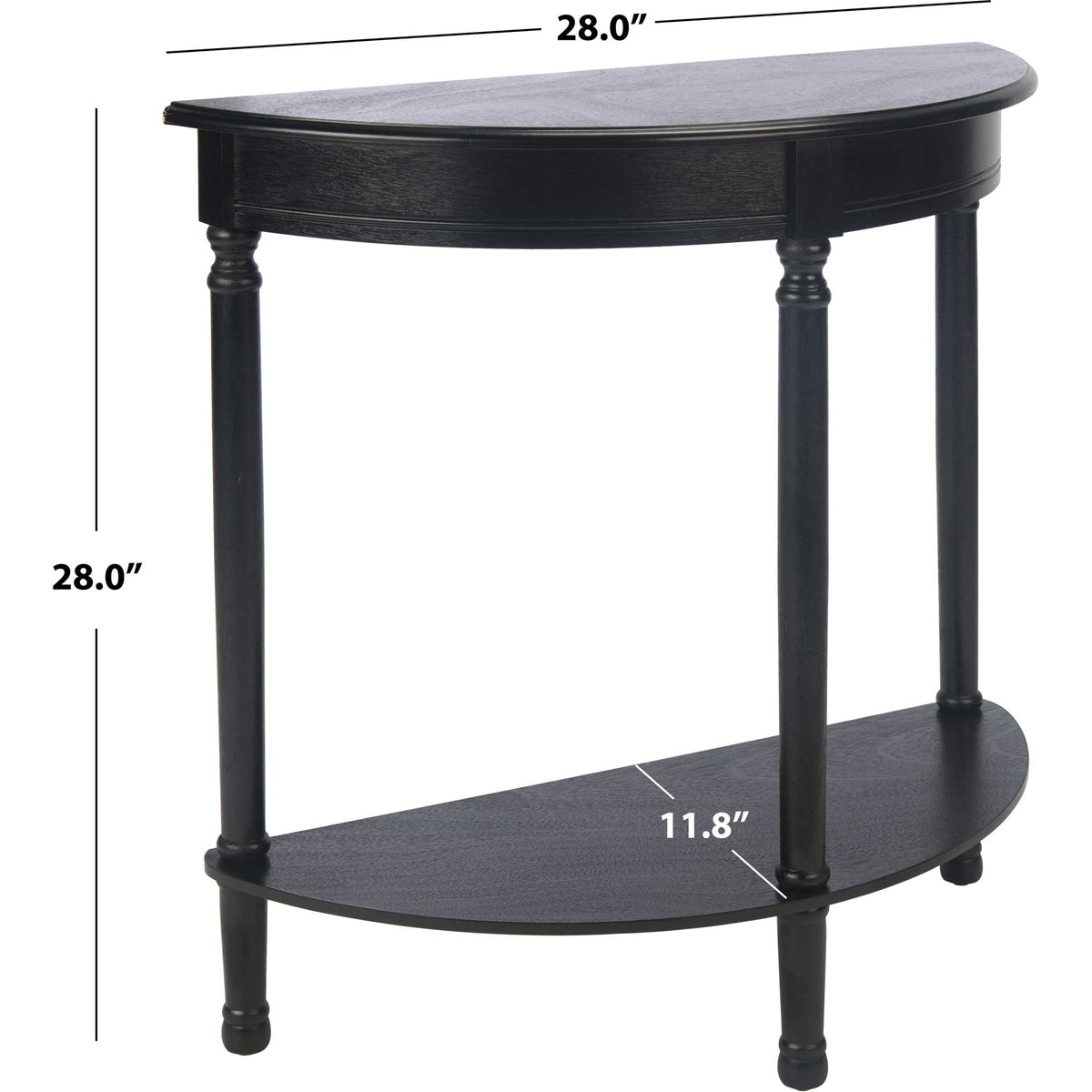 This black half-round console measures 28 inches wide and high with an 11.75-inch depth.