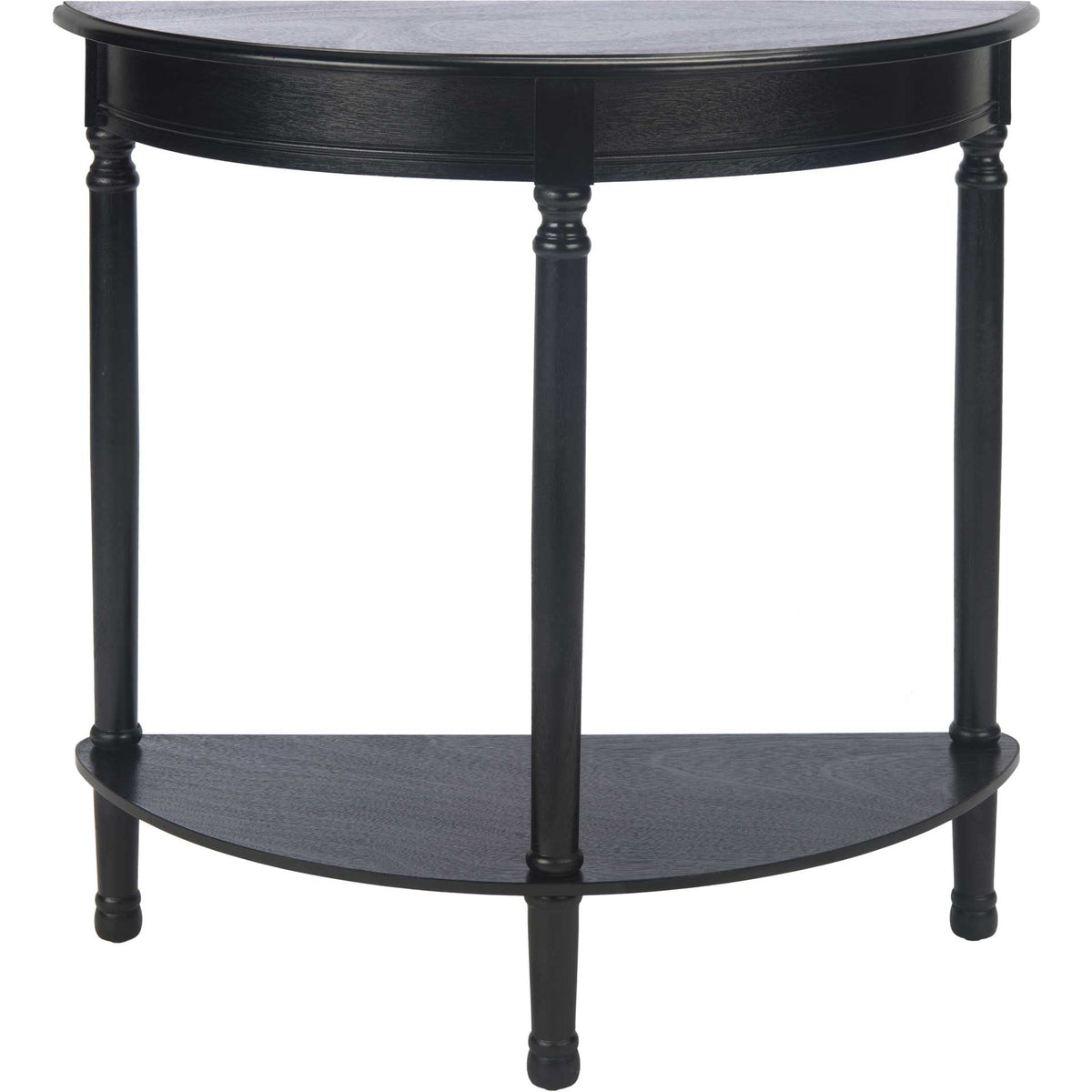 Classic turned legs and a curved apron frame this black half-round console table. || CNS5723B || front_studio