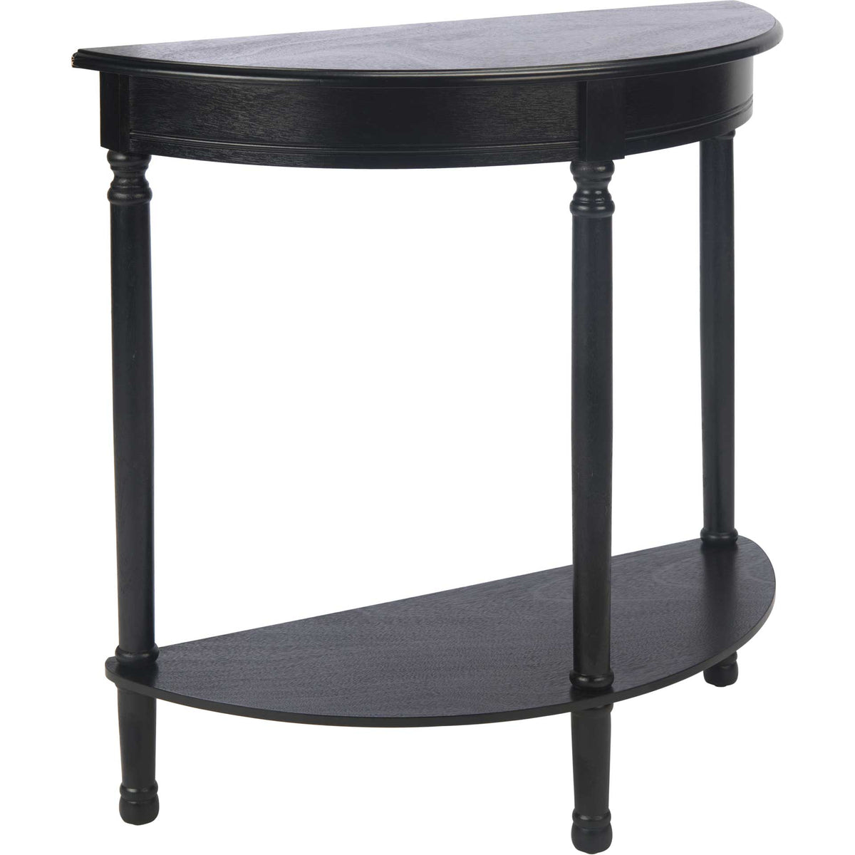 A black half-round top and open lower shelf give this wood console elegant display space. || CNS5723B || front_angle_studio