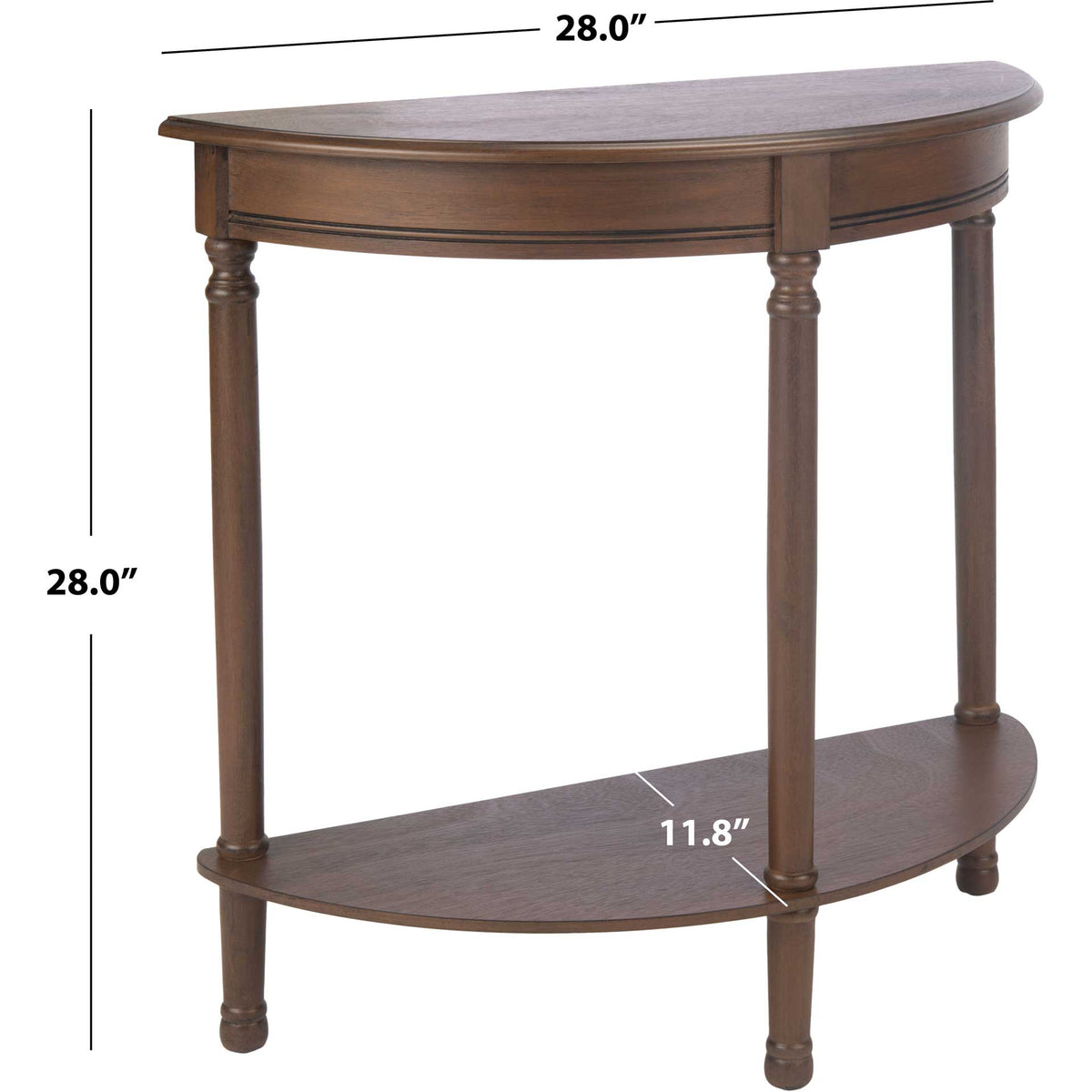 The brown half-round table stands 28 inches high and spans 28 inches wide by 11.75 inches deep.