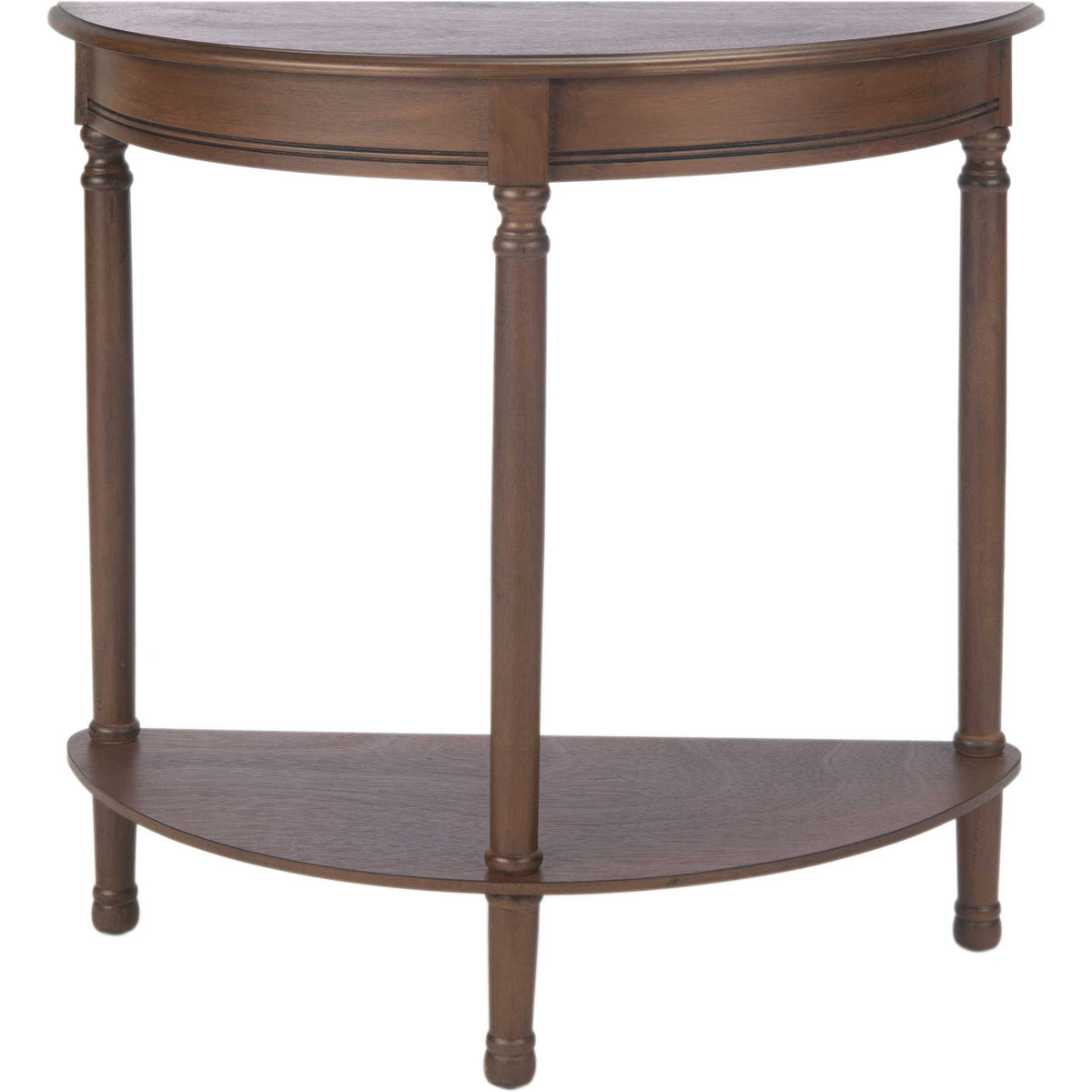 A curved brown apron and turned legs lend traditional charm to this half-round console. || CNS5723C || front_studio