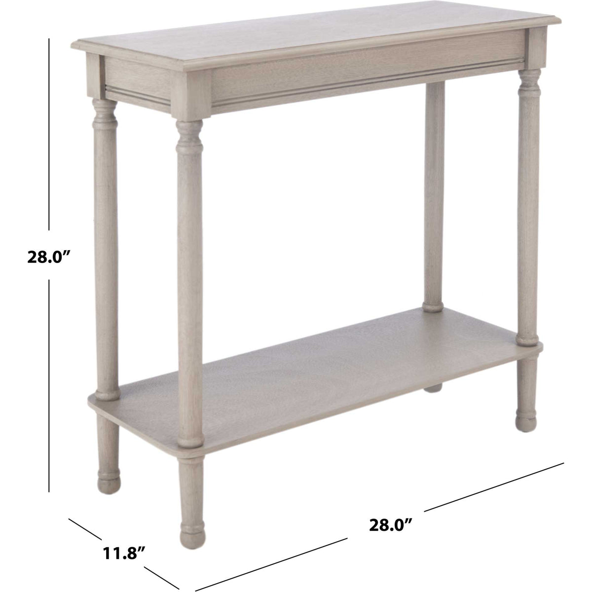This greige rectangular console measures 28 inches wide, 11.75 inches deep, and 28 inches high.