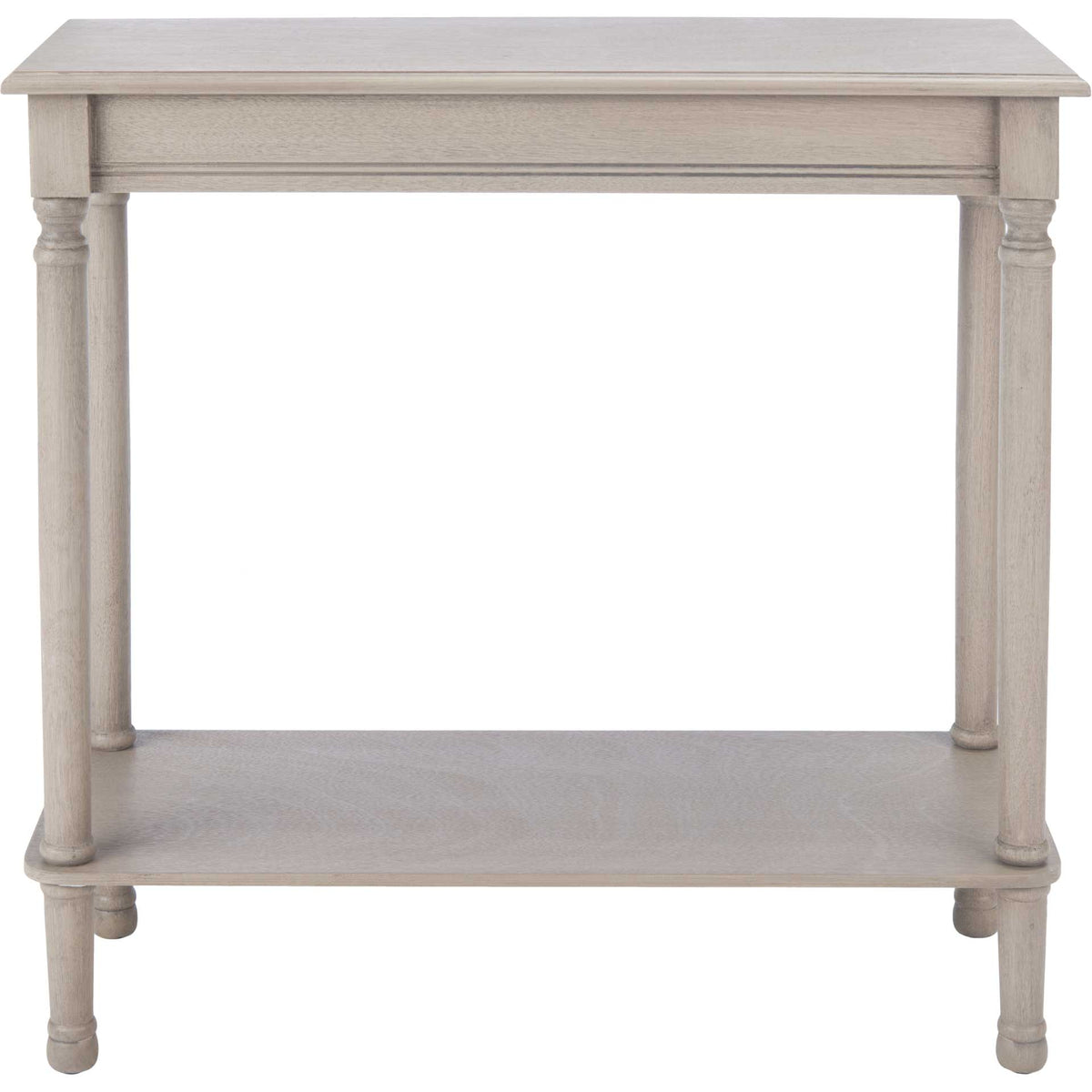 The greige console brings classic turned legs and an open shelf to its clean-lined frame. || CNS5724A || front_studio