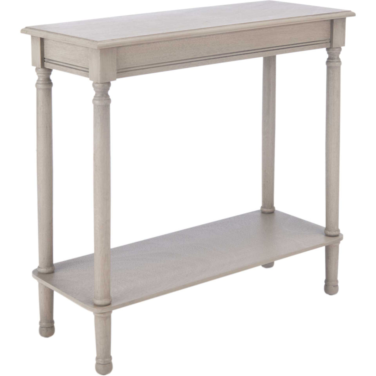 A soft greige finish highlights the slim rectangular top, turned legs, and lower shelf. || CNS5724A || front_angle_studio