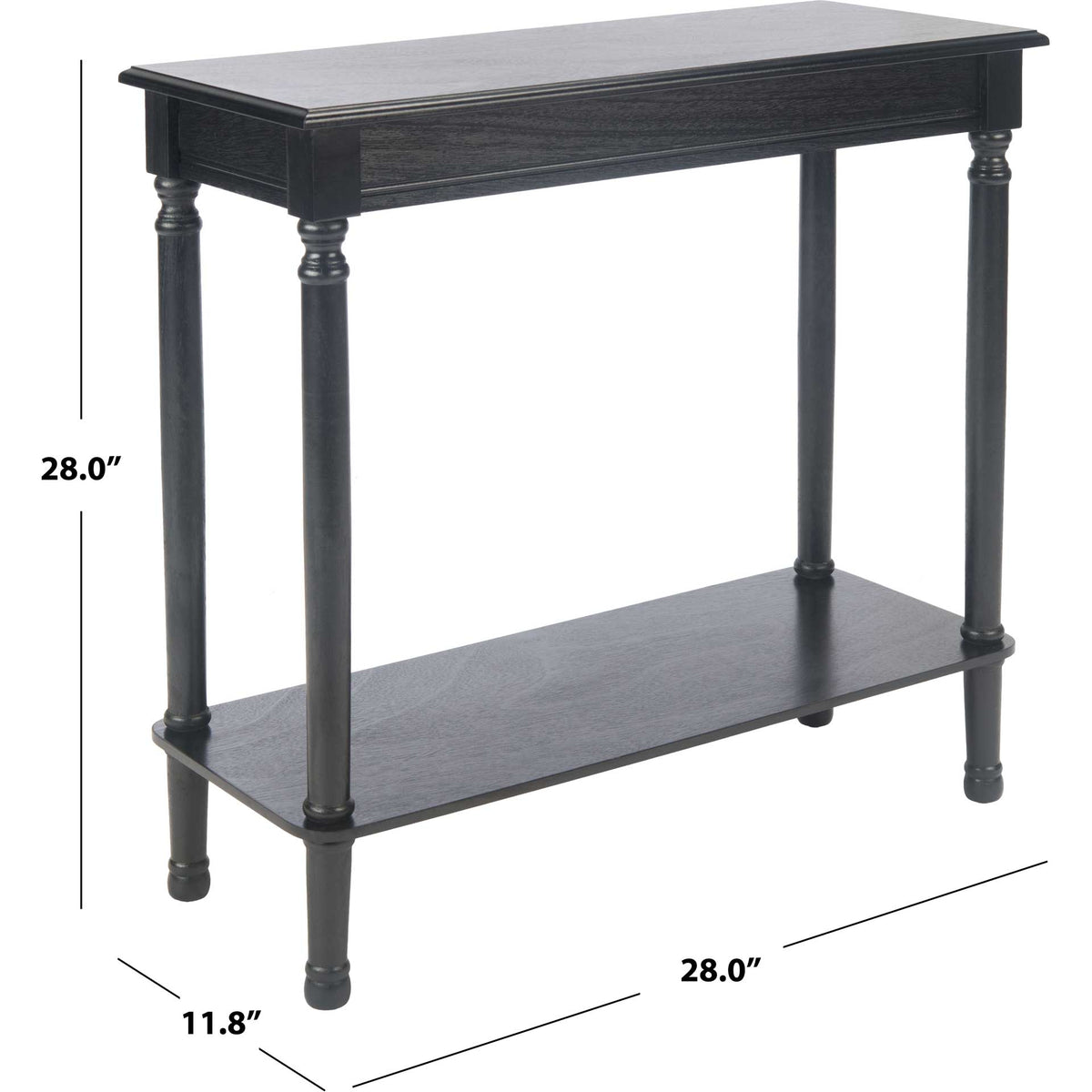 This black rectangular console is 28 inches wide and high, with an 11.75-inch depth.