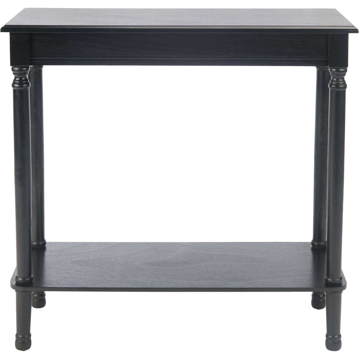 A black wood console offers a rectangular display top, molded apron, and open lower shelf. || CNS5724B || front_studio