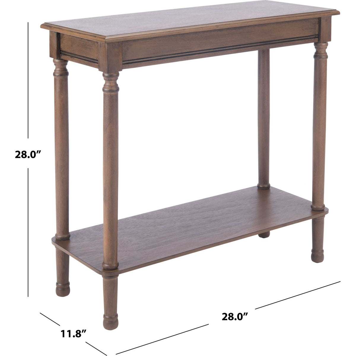 The brown rectangular table spans 28 inches wide by 11.75 inches deep and stands 28 inches high.