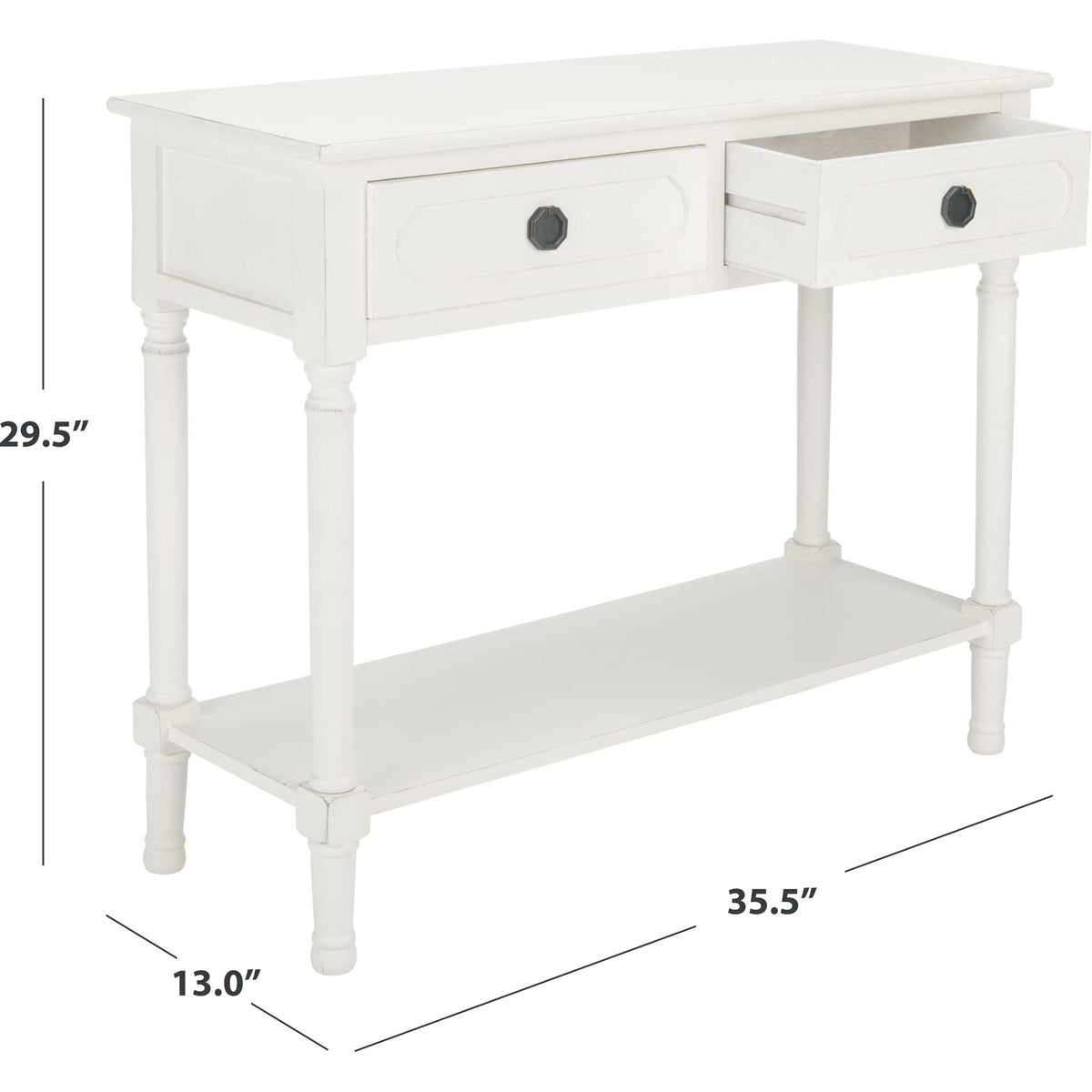 Distressed white console measures 35.5 by 13 by 29.5 inches, with two drawers and a lower shelf.