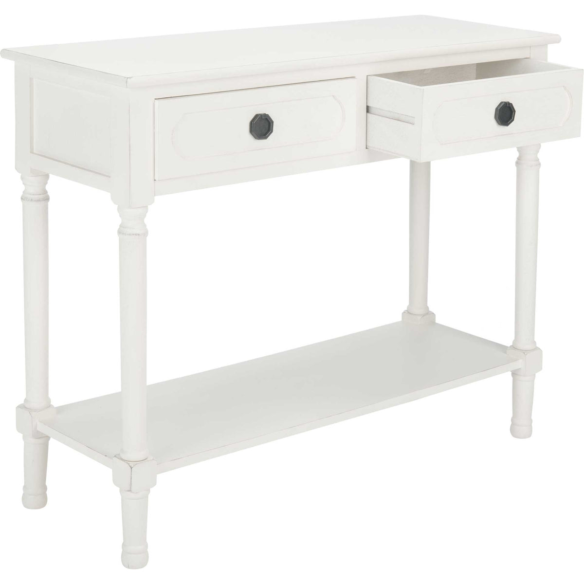One drawer opens on this distressed white console, with an airy shelf below for display.