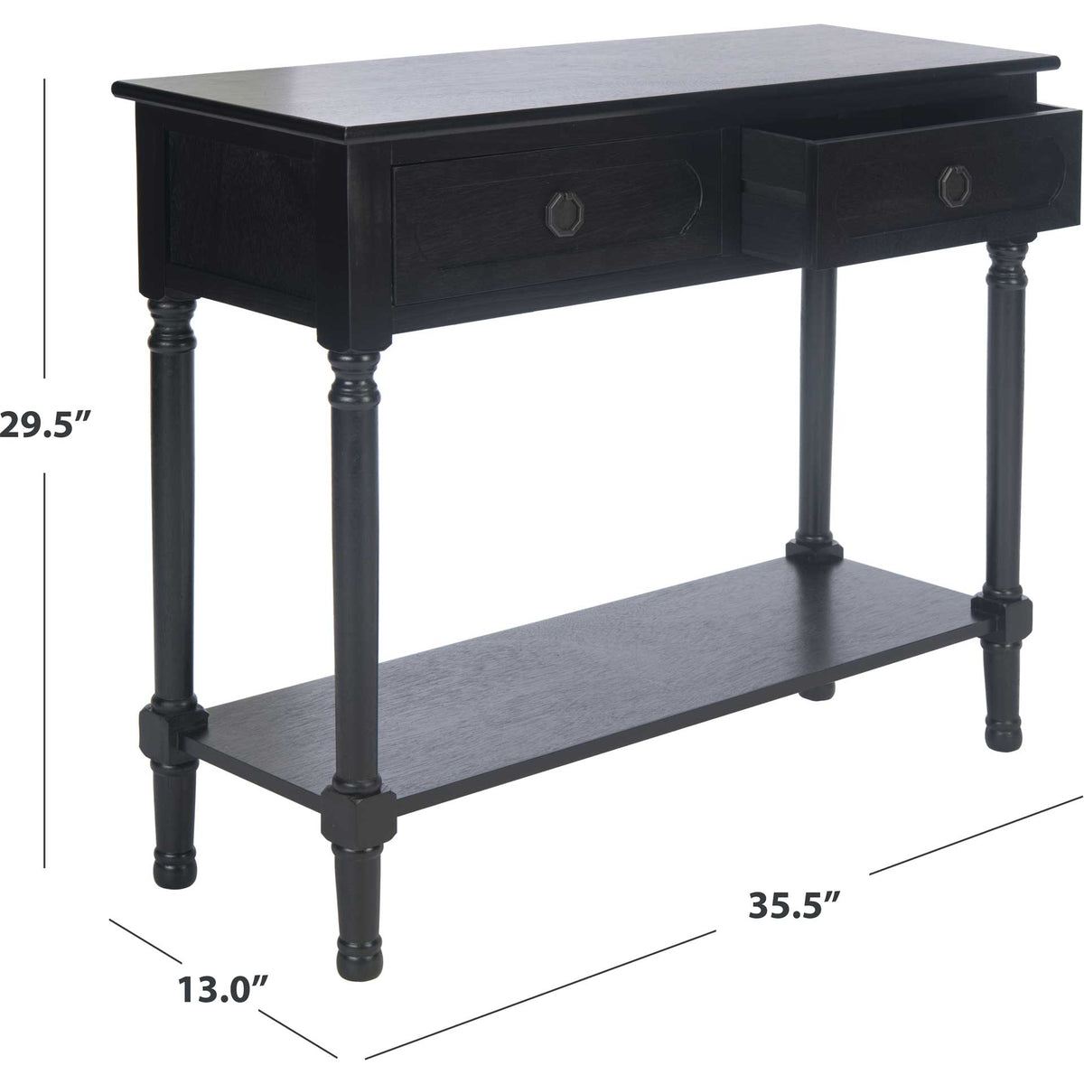 Two-drawer black console measures 35.5 by 13 by 29.5 inches and includes a lower shelf.