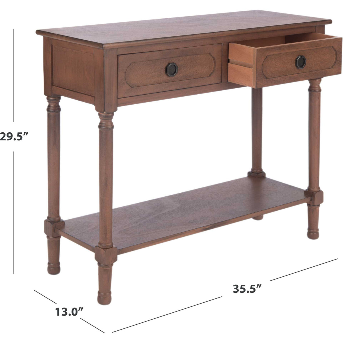 Brown console measures 35.5 by 13 by 29.5 inches, with two drawers and a lower shelf.