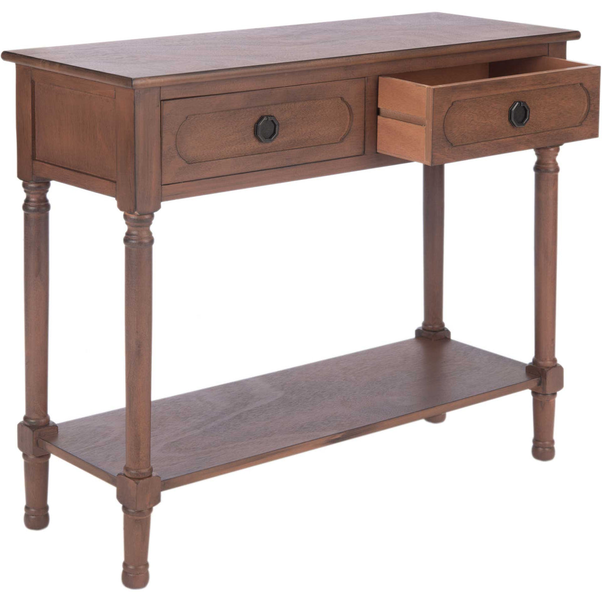 An open drawer reveals handy storage in this warm brown console with a display shelf.