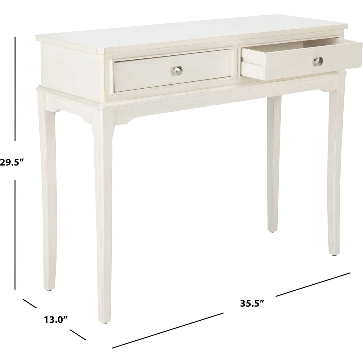 Narrow distressed white console measures 35.5 inches wide, 13 inches deep, and 29.5 inches high