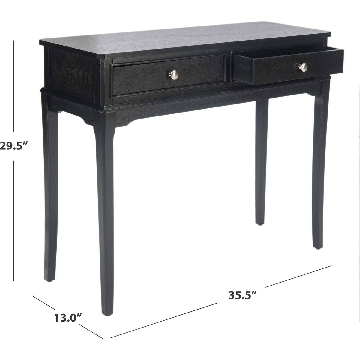 Slim black console measures 35.5 inches wide, 13 inches deep, and 29.5 inches high