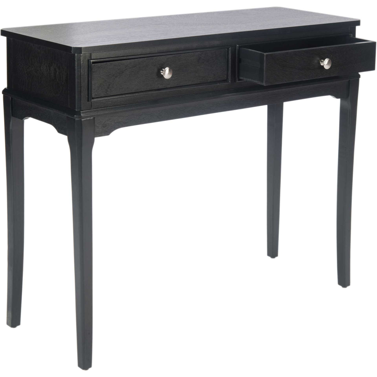 An open drawer reveals storage in a black console table with a slim top and tapered legs