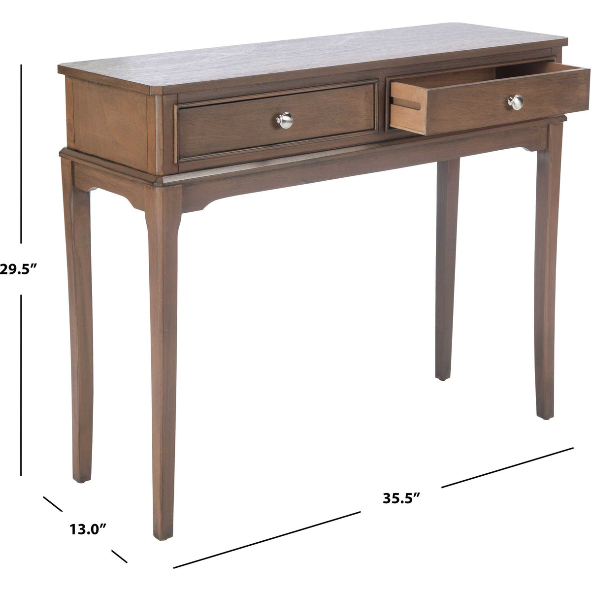 Warm brown console measures 35.5 inches wide, 13 inches deep, and 29.5 inches high