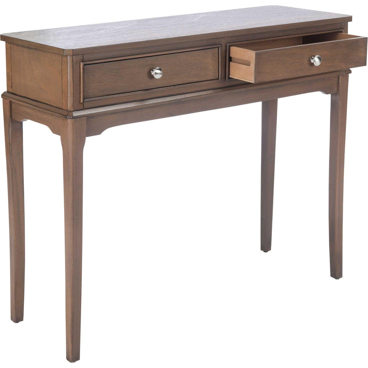 Warm brown wood grain frames an open drawer beneath a slim rectangular tabletop