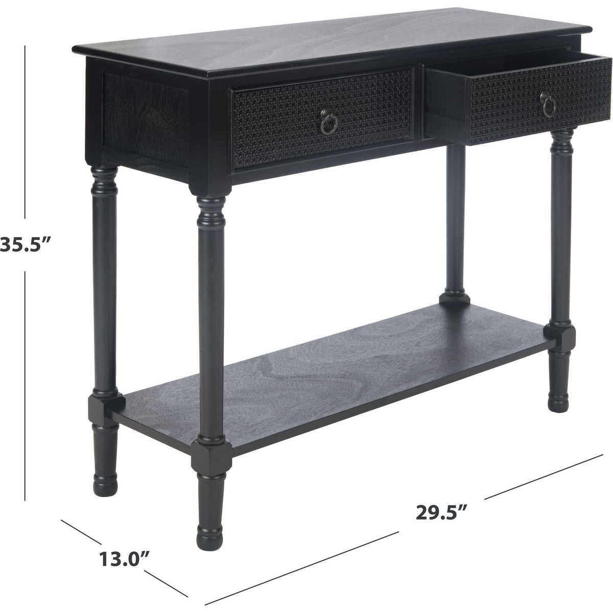 Black console table combines an open drawer, slender turned legs, and a wide lower shelf