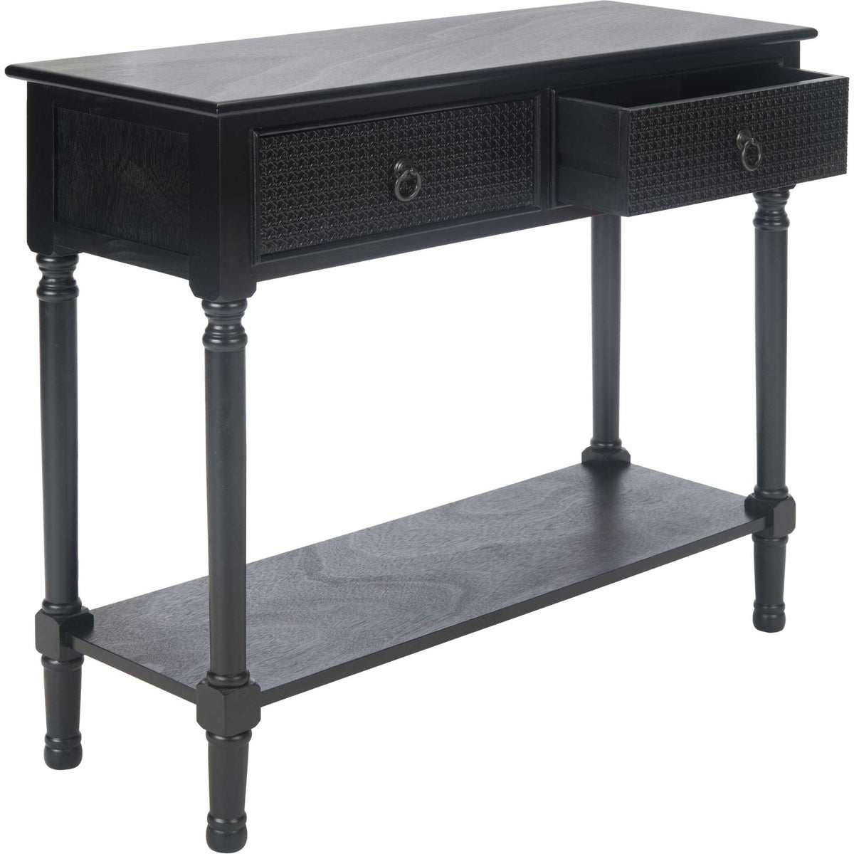 An open drawer adds storage to a black console table with patterned fronts and a low shelf