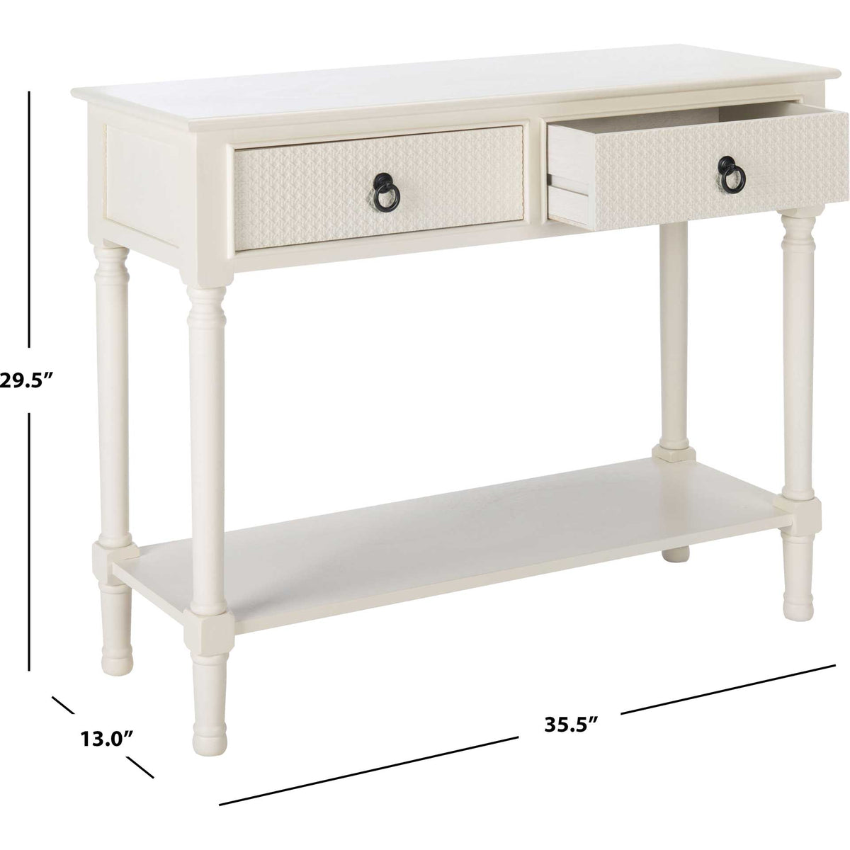 White console table offers an open drawer, traditional turned legs, and a long lower shelf