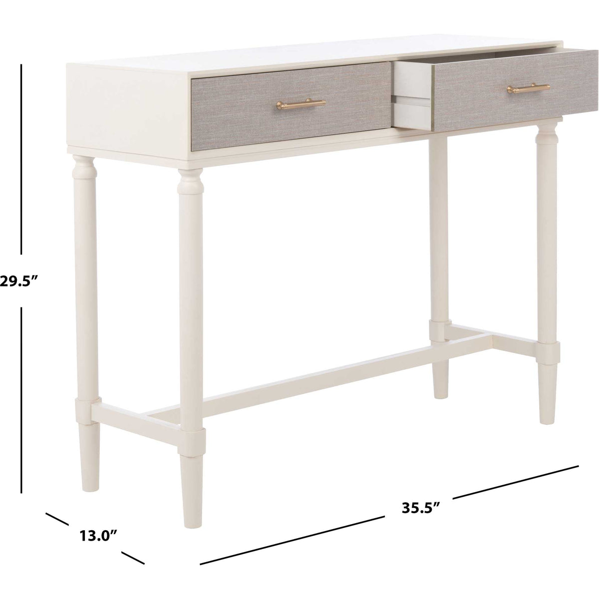The white console measures 35.5 inches wide, 13 inches deep, and 29.5 inches high