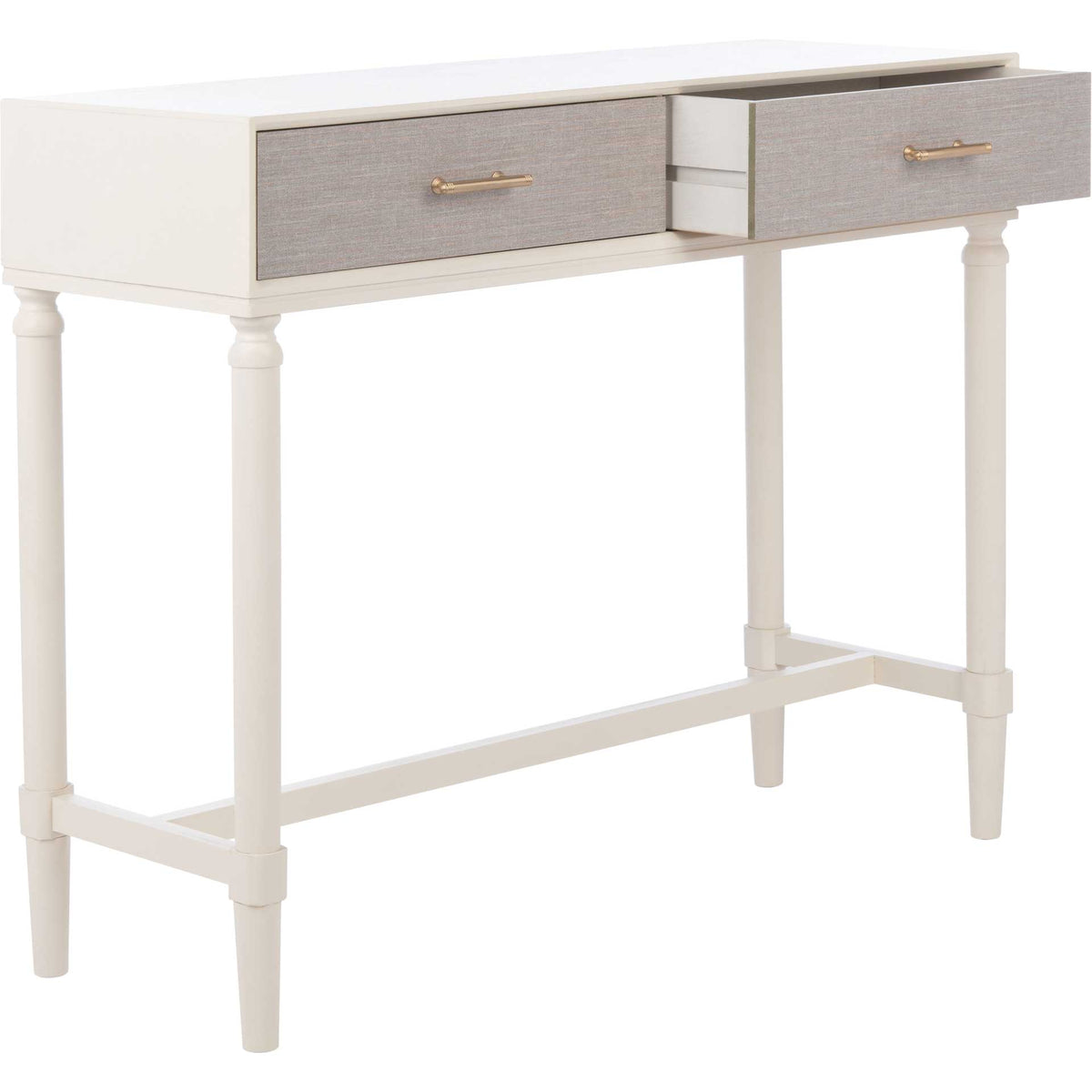 A partially opened drawer offers easy access to storage in the slender white console