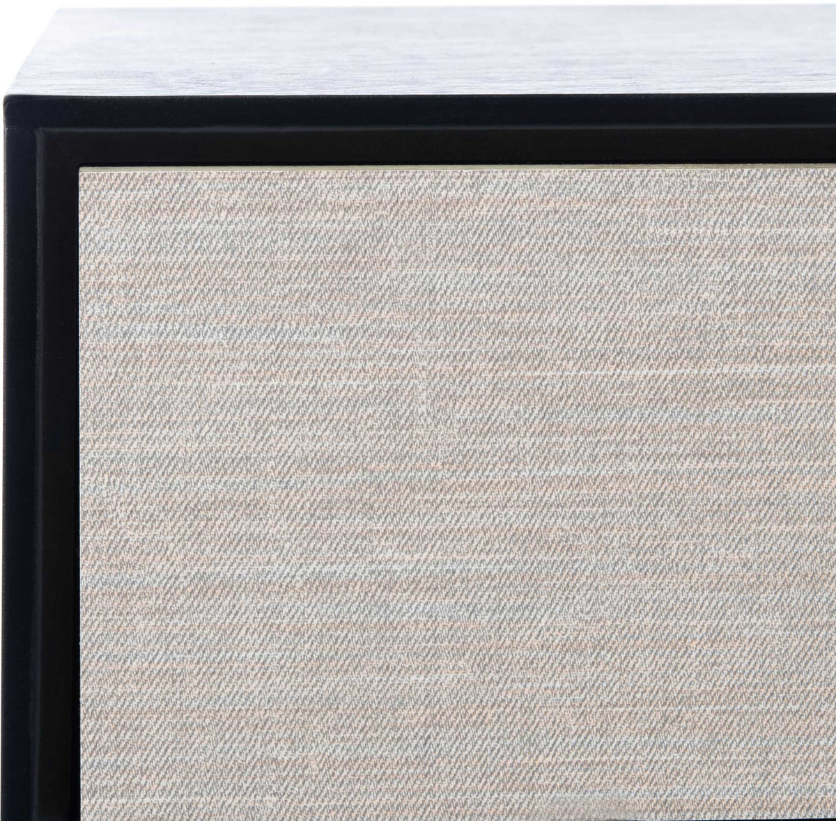 Woven-look gray drawer texture softens the console's sleek black frame