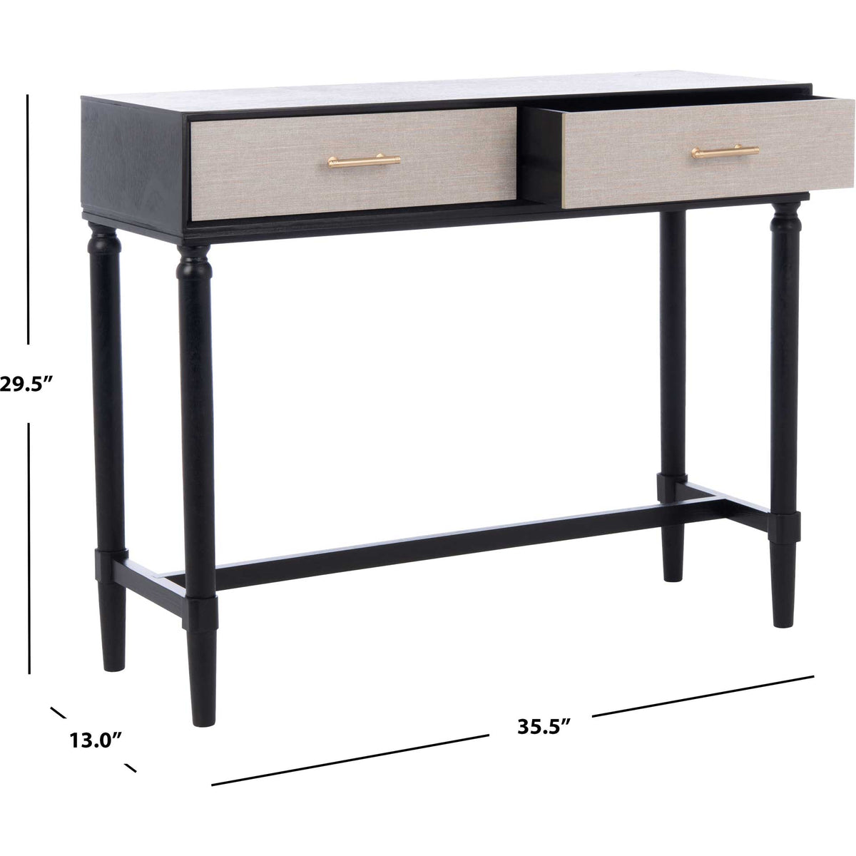The black console measures 35.5 inches wide, 13 inches deep, and 29.5 inches high