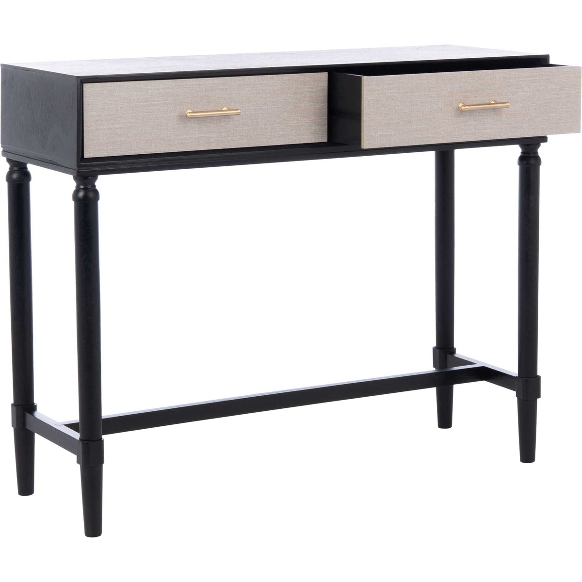 A partially opened drawer reveals storage beneath the black console's slim top