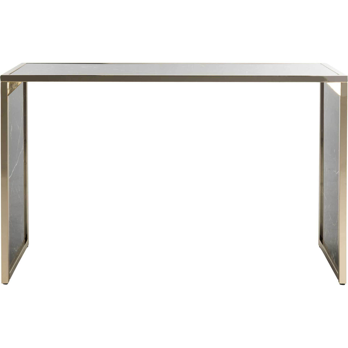 Slim black marble-look top and brass-tone frame create an airy, open console table || CNS6201A || front_studio