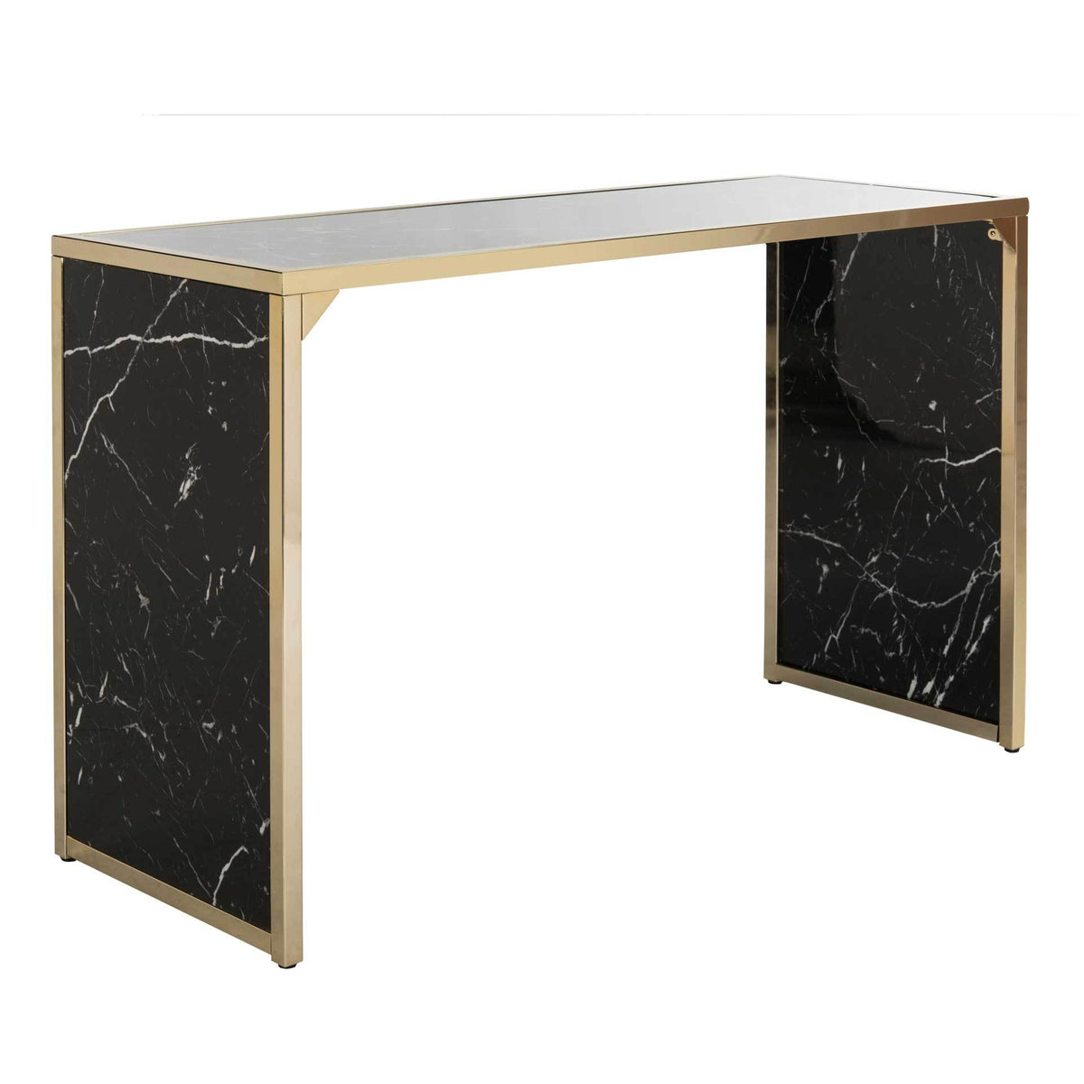 Black marble-look console table pairs slender brass-tone framing with paneled ends || CNS6201A || front_angle_studio