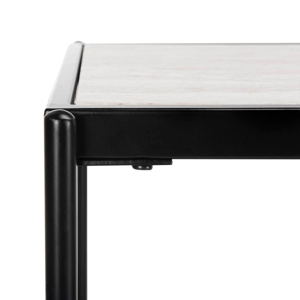 A light wood-look tabletop fits neatly inside the smooth black metal frame.