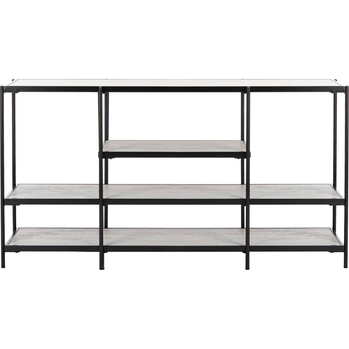 A short center shelf sits above two full-width shelves in this open console table. || CNS6204A || front_studio