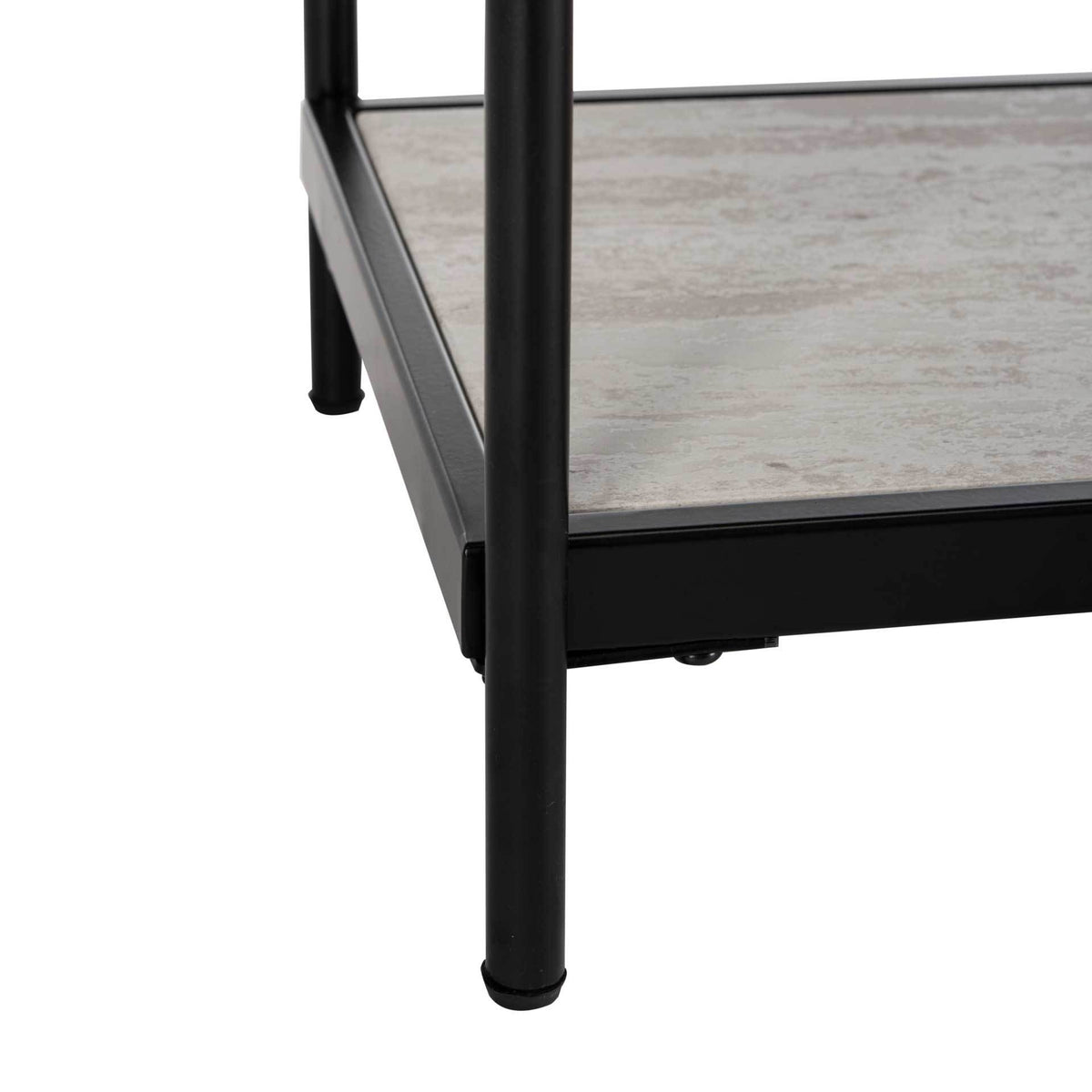 Slim black metal legs and rounded feet support the light wood-look lower shelf.