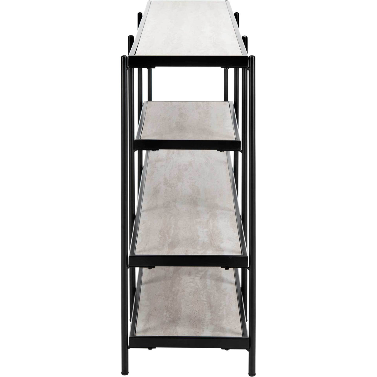 Light wood-look shelves offer layered display space within a slender black metal frame.
