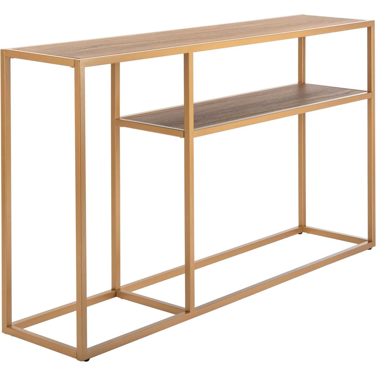 Warm wood-grain top and shelf rest within a slender gold frame with an open geometric base.
