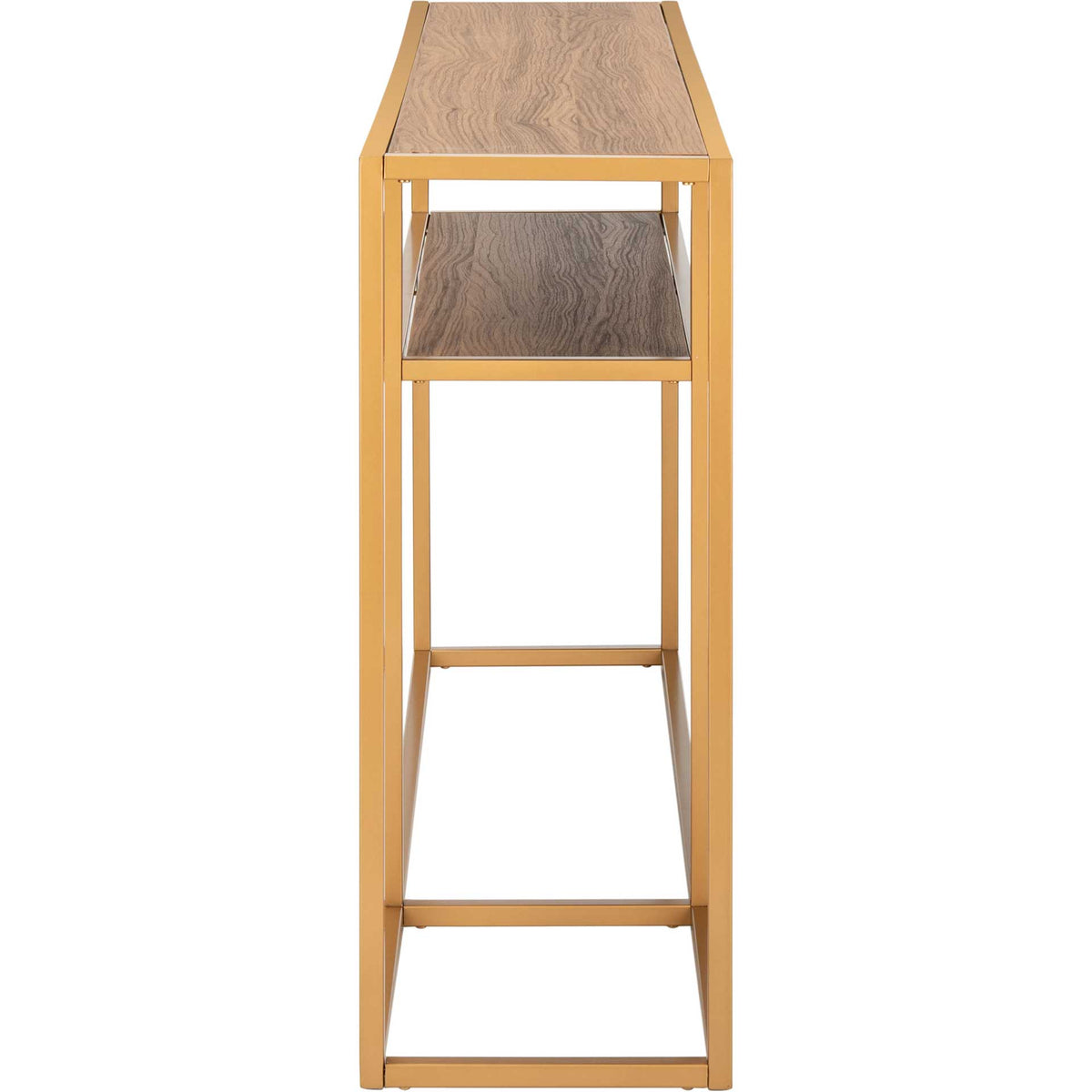A walnut-finish tabletop rises above the matching display shelf within slender gold supports.